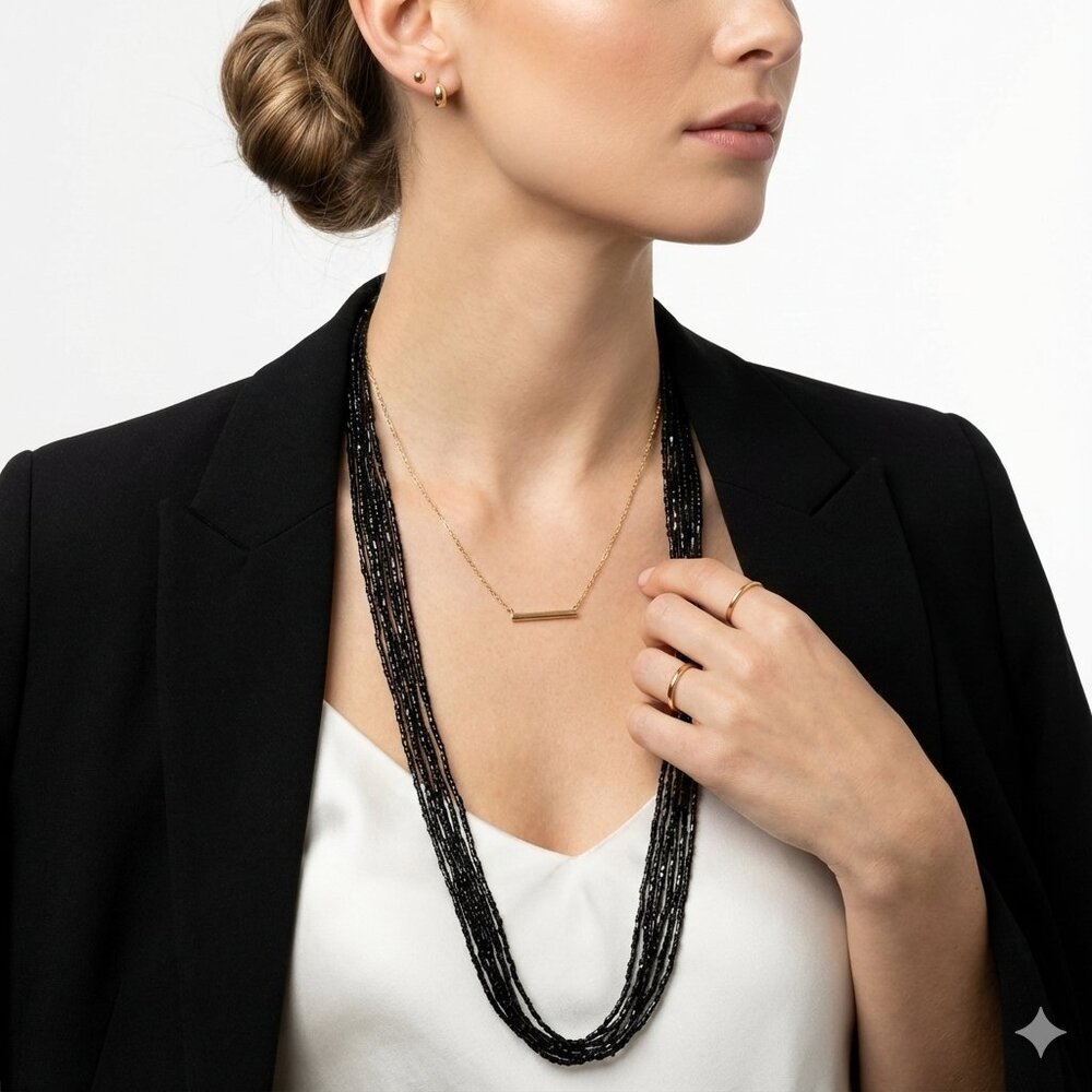 *Multi-Strand Jet Black Seed Bead Statement Necklace